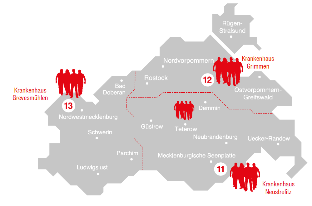 Landkarte von Mecklenburg-Vorpommern mit den Einzugsgebieten der 3 MTF-Einheiten